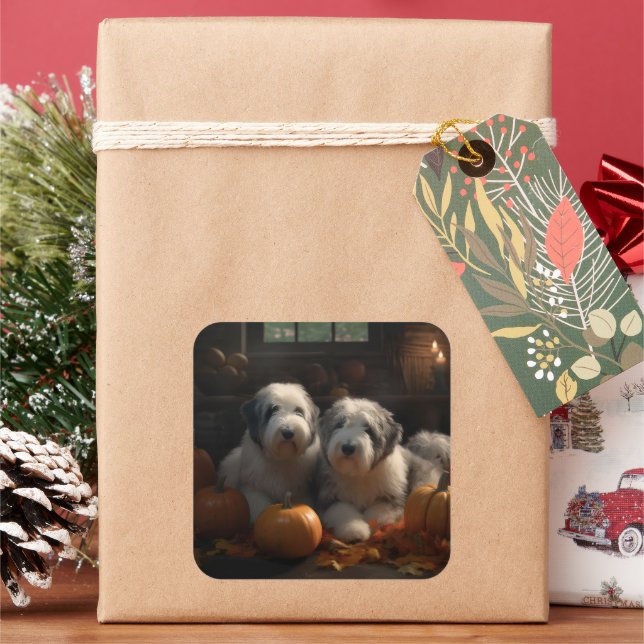 Sticker Carré Vieux anglais Sheepdog Chiot Chiot Automne Citroui (vacances)