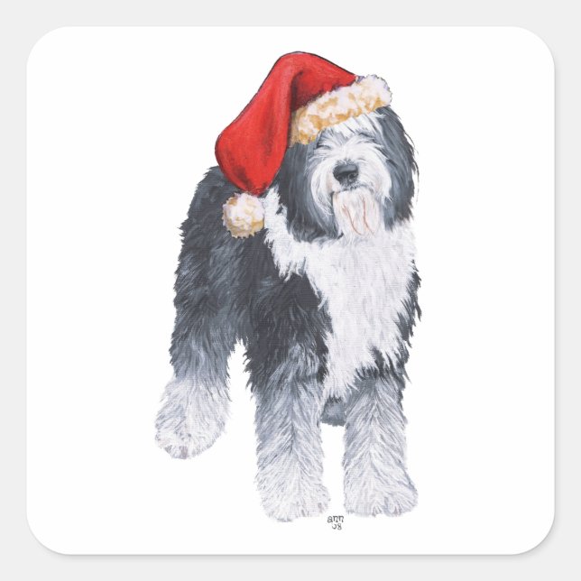 Sticker Carré Vieux anglais Sheepdog Santa Hat (Devant)