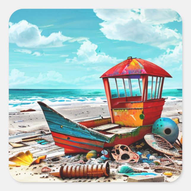 Sticker Carré Vieux bateau déserté sur une plage de sable abando (Devant)