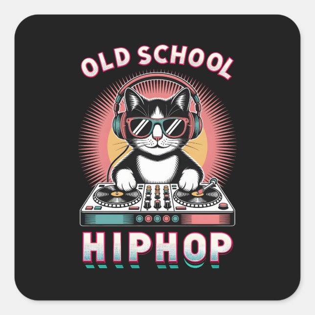 Sticker Carré Vieux Chat DJ Cool Scolaire (Devant)