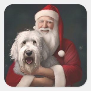 Sticker Carré Vieux Chien de Berger Anglais avec le Père Noël Fe