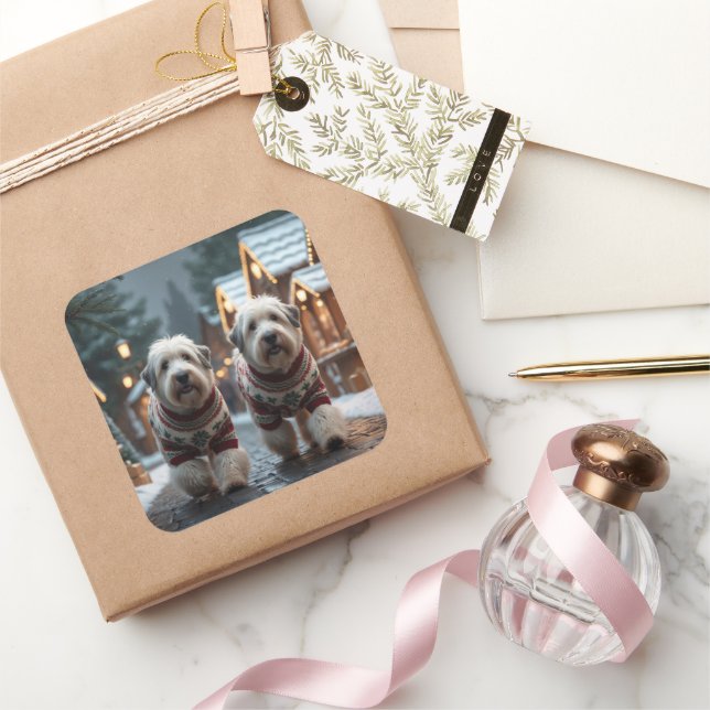 Sticker Carré Vieux chiens de berger anglais Noël Neige Vacances (Cadeaux)