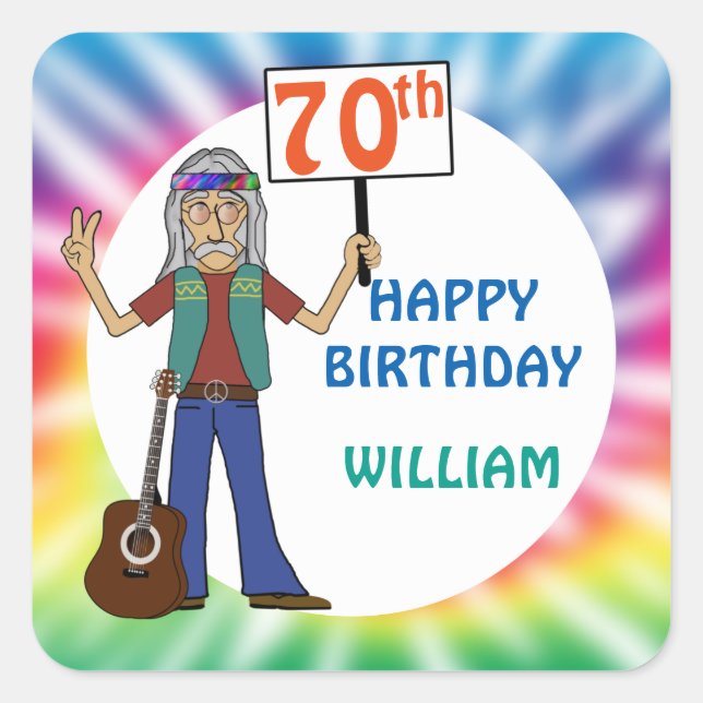 Sticker Carré Vieux Hippie Hippy Tie Dye 70e fête d'anniversaire (Devant)