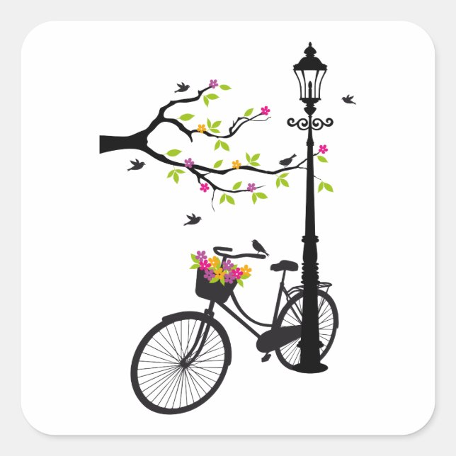 Sticker Carré Vieux vélo avec lampe, panier de fleurs, oiseaux,  (Devant)