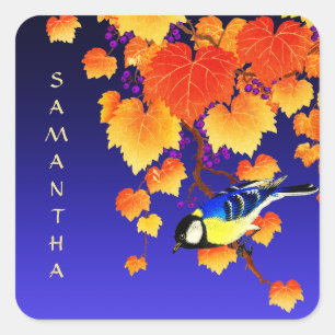 Sticker Carré Vigne de raisin d'automne Grand Tit Oiseau Orange 