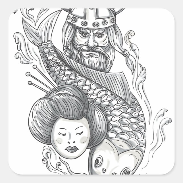 Sticker Carré Viking Carp Geisha Tattoo tête (Devant)