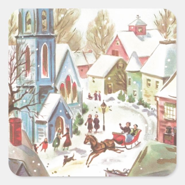 Sticker Carré Village de Noël vintage en hiver (Devant)