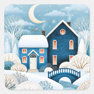 Sticker Carré Village d'hiver cosy Cottage enneigé sous la Lune
