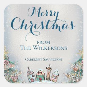 Sticker Carré Village d'hiver et arbres de Noël