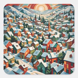 Sticker Carré village d'hiver sous la neige vintage