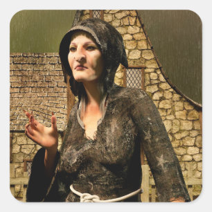 Sticker Carré Village médiéval de sorcière de fantasy Halloween