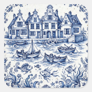 Sticker Carré Ville de Delft & Port de Pêche Bleu Cobalt Blanc