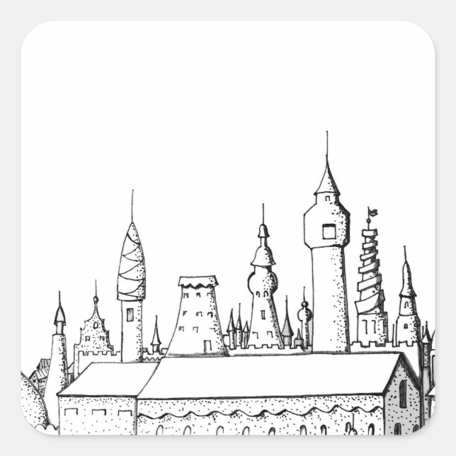 Sticker Carré ville fabuleuse . artwork . noir et blanc (Devant)