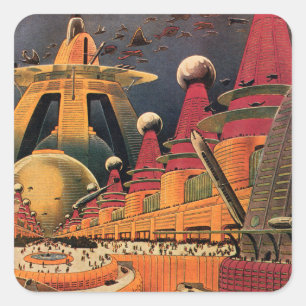 Sticker Carré Ville futuriste de science-fiction vintage avec vo