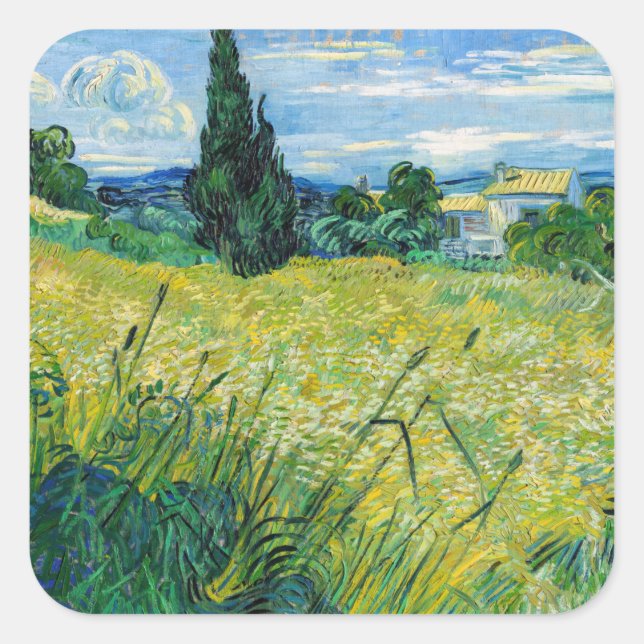 Sticker Carré Vincent van Gogh - Champ de blé vert avec Cypress (Devant)