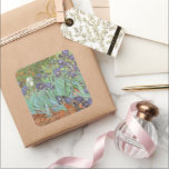 Sticker Carré Vincent van Gogh - Irises<br><div class="desc">Irises (1889) de Van Gogh est un post impressionnisme vintage de peinture de nature fleurie d'art. Un groupe d'iris à barbe violet et une seule fleur d'iris blanc poussent dans un jardin. C'était l'une de ses premières peintures alors qu'il était à l'asile à Saint-Rémy-de-Provence. En 1987, il est devenu le...</div>