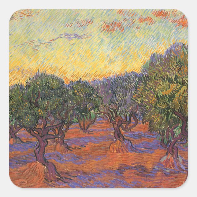 Sticker Carré Vincent van Gogh - Oliveraie, ciel orange (Devant)