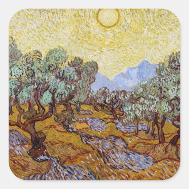 Sticker Carré Vincent van Gogh - Oliviers, Ciel Jaune et Soleil (Devant)
