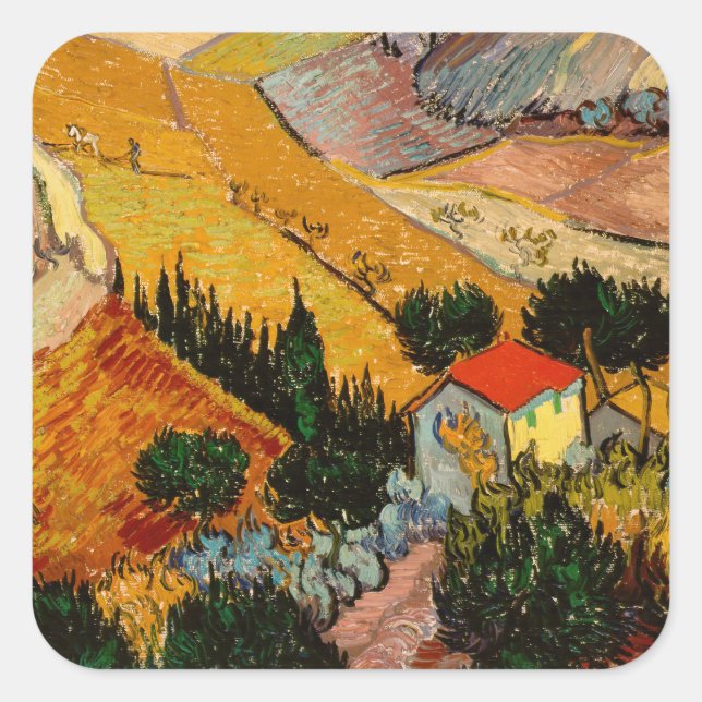 Sticker Carré Vincent van Gogh - Paysage, Maison et Plowman (Devant)