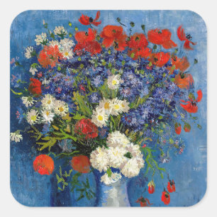 Sticker Carré Vincent van Gogh - Vase avec des Bleuets & Coqueli