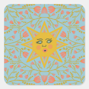 Sticker Carré Vins soleil et fleurs Motif bleu