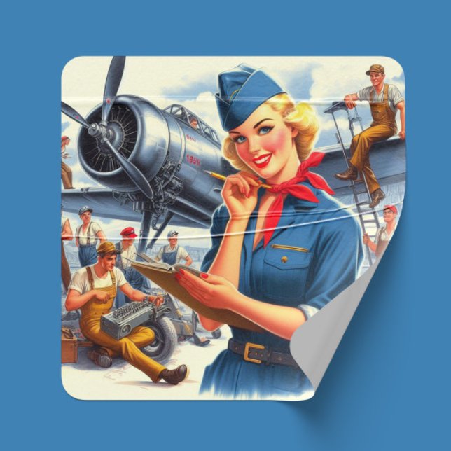 Sticker Carré Vintage Airplane Pin-up (Créateur téléchargé)