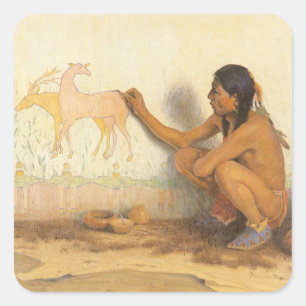 Sticker Carré Vintage Amérindien, artiste indien par Couse