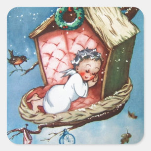 Sticker Carré Vintage Ange Bébé Dans Nid Oiseau
