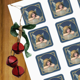 Sticker Carré Vintage Angel Joyeux Noël Bleu et Or