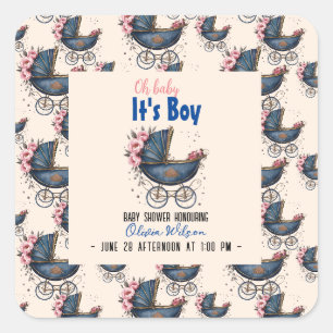 Sticker Carré Vintage aquarelle pram c'est le baby shower garçon
