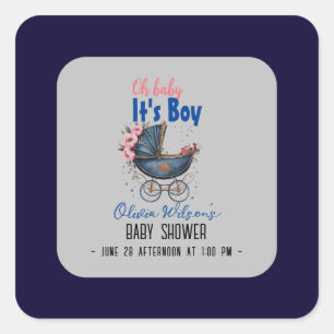 Sticker Carré Vintage aquarelle pram c'est le baby shower garçon