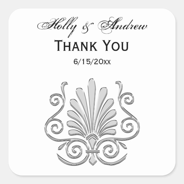 Sticker Carré Vintage Art Déco Argent Plume Arabesque (Devant)