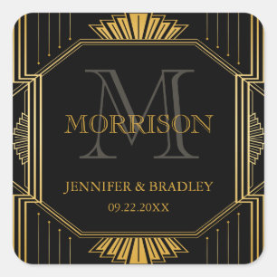 Sticker Carré Vintage Art Déco Black Gold Wedding Favoriser