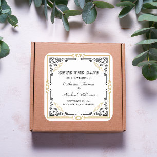 Sticker Carré Vintage Art Déco Elégant Black White Gold Mariage