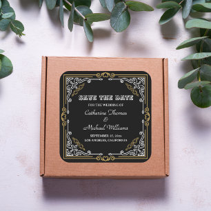 Sticker Carré Vintage Art Déco Elégant Black White Gold Mariage