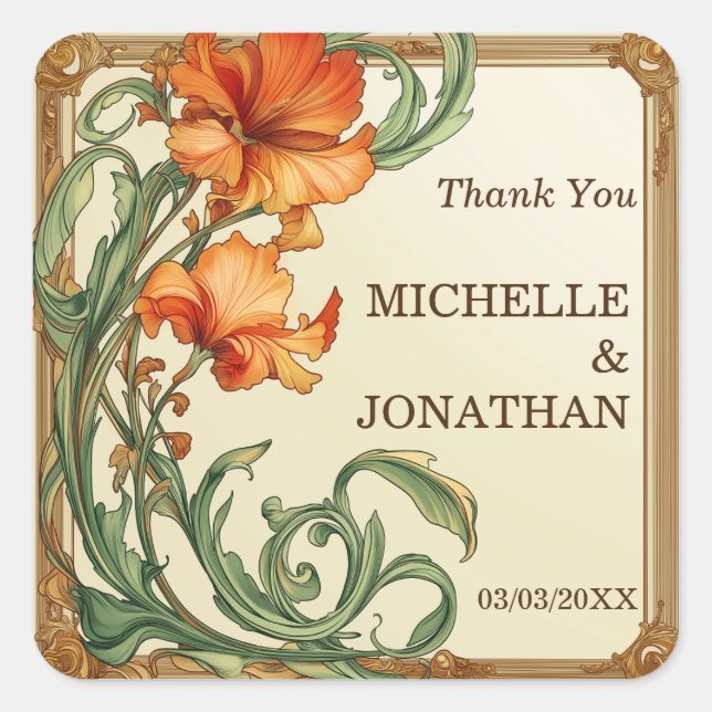 Sticker Carré Vintage Art nouveau Botanique Mucha Merci (Devant)