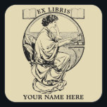 Sticker Carré Vintage Art Nouveau Femme Livres Ex Libris Modèle<br><div class="desc">Il s'agit d'une numériquement d'impression améliorée d'un design vintage Art Nouveau / Arts et Artisanat Ex Libris,  avec une femme lisant un livre. Vous pouvez facilement personnaliser le texte dans ce modèle.</div>