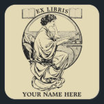 Sticker Carré Vintage Art Nouveau Femme Livres Ex Libris Modèle<br><div class="desc">Il s'agit d'une numériquement d'impression améliorée d'un design vintage Art Nouveau / Arts et Artisanat Ex Libris,  avec une femme lisant un livre. Vous pouvez facilement personnaliser le texte dans ce modèle.</div>