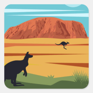 Sticker Carré Vintage Ayers Rock Australie Kangaroos Travel