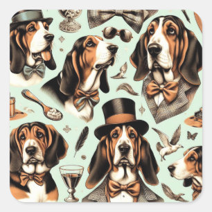 Sticker Carré Vintage Basset Hound sans joint