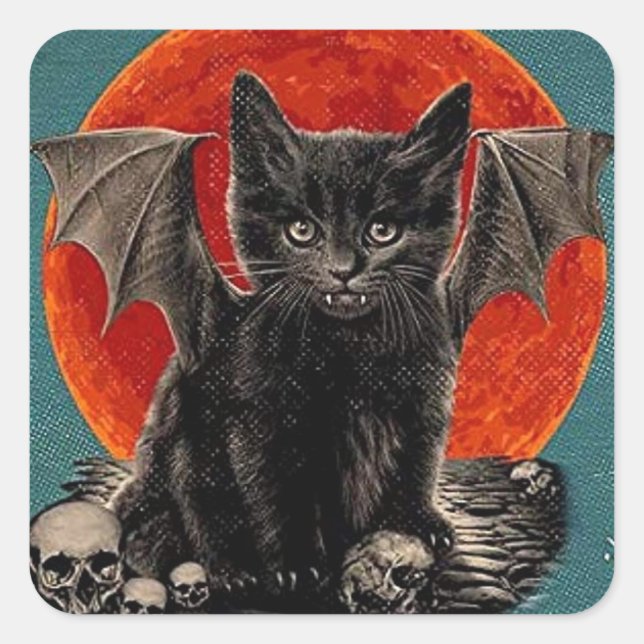 Sticker Carré Vintage Batcat Éffrayant Happy Halloween (Devant)