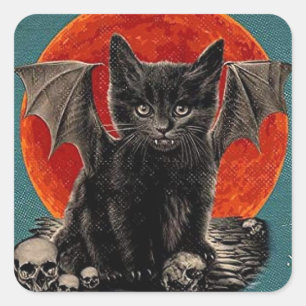 Sticker Carré Vintage Batcat Éffrayant Happy Halloween