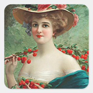 Sticker Carré Vintage Belle Dame Flowred Casquette & Cerises