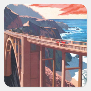 Sticker Carré Vintage Big Sur Bixby Bridge USA Tourisme