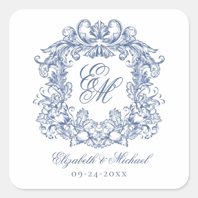 Sticker Carré Vintage Blue Elegant Wedding Monogram Crest (Devant)