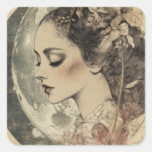 Sticker Carré Vintage Boho Sideview femme et Crescent Moon
