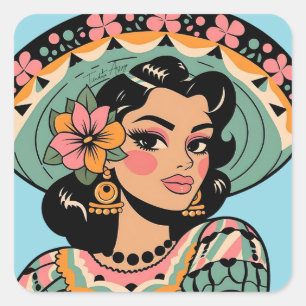 Sticker Carré Vintage Bonita Fiesta Mujer Mariachi