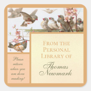 Sticker Carré Vintage Bookplate Birds sur la clôture Peach Trim