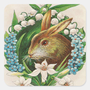 Sticker Carré Vintage Bunny Floral Wreath Salutations de Pâques
