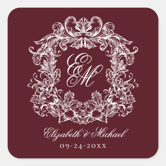 Sticker Carré Vintage Burgundy Elegant Wedding Monogram Crest (Devant)